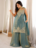 Stylish Green Embroidered Silk Festival Wear Sharara Suit With Dupatta