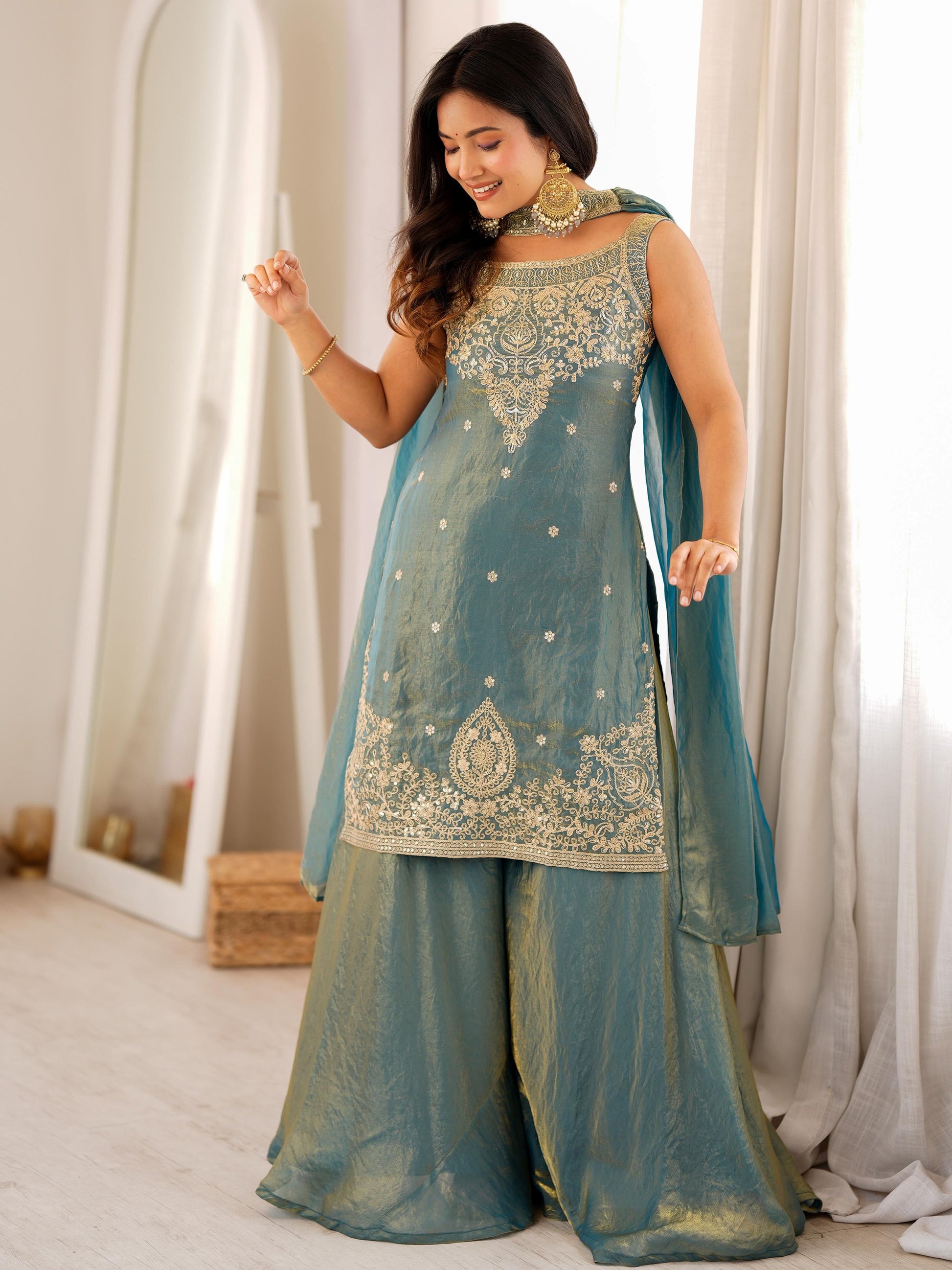 Stylish Green Embroidered Silk Festival Wear Sharara Suit With Dupatta
