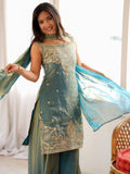 Stylish Green Embroidered Silk Festival Wear Sharara Suit With Dupatta