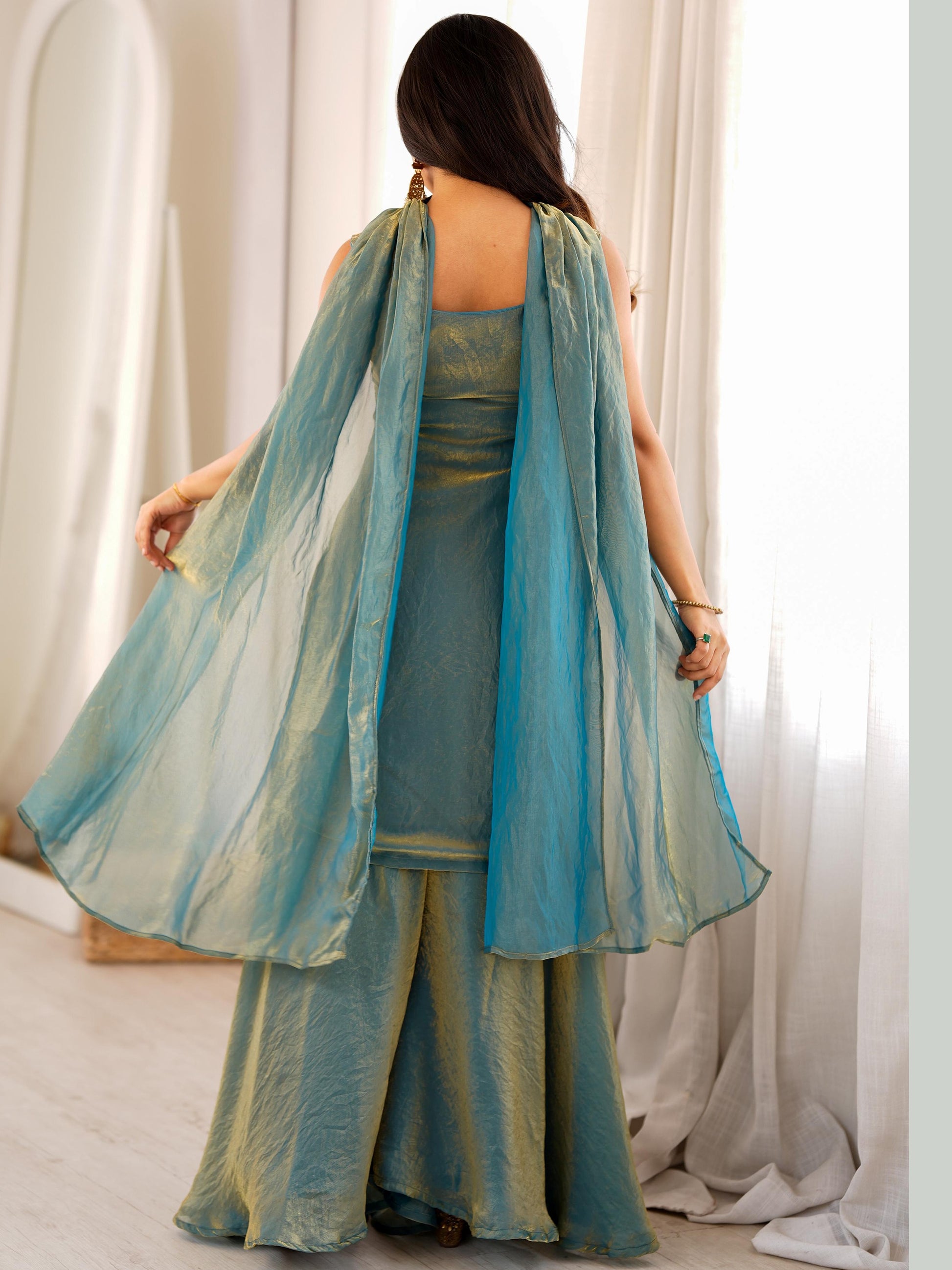 Stylish Green Embroidered Silk Festival Wear Sharara Suit With Dupatta