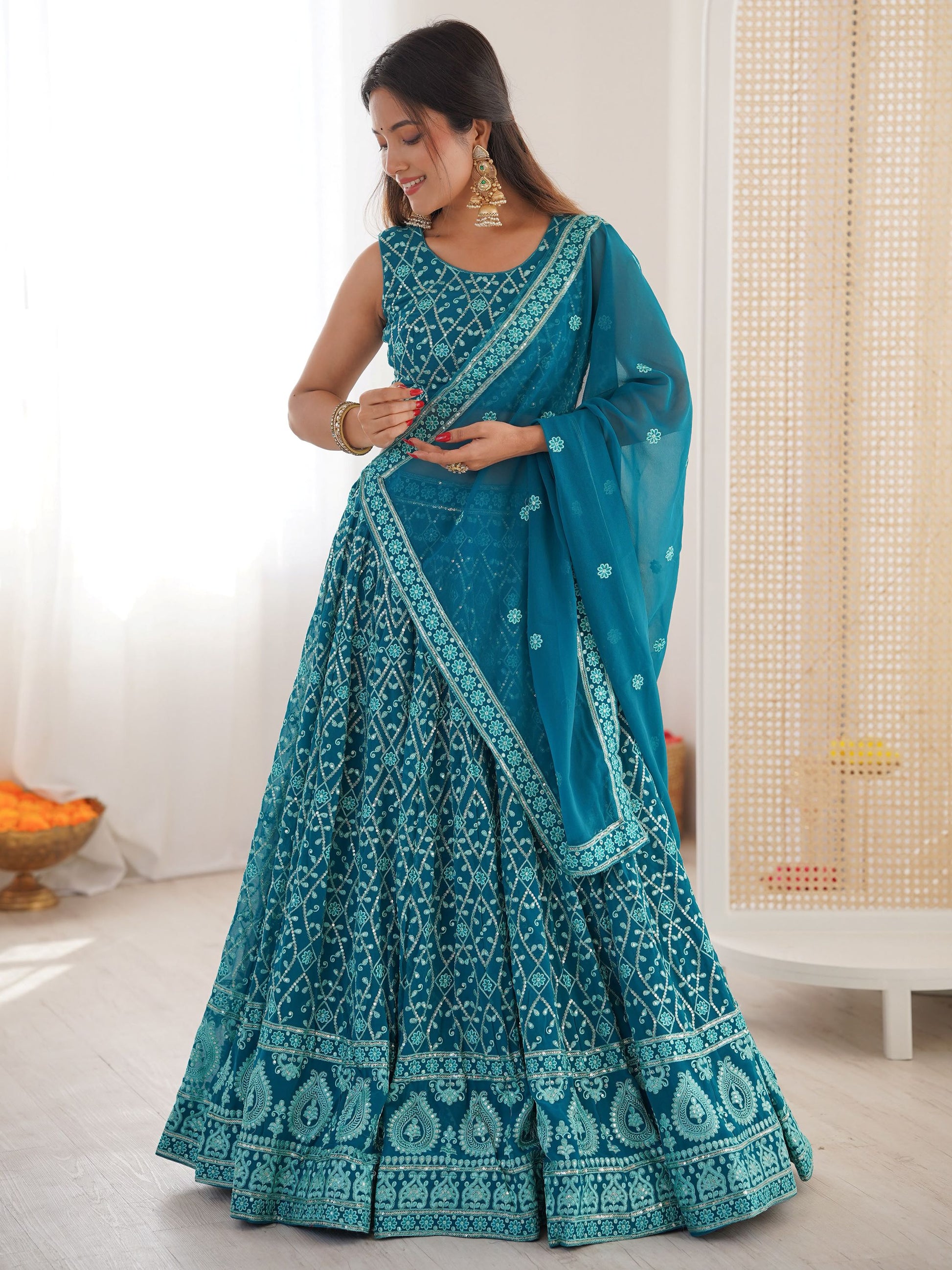 Amazing Sky Blue Sequins Work Georgette Festival Wear Lehenga Choli