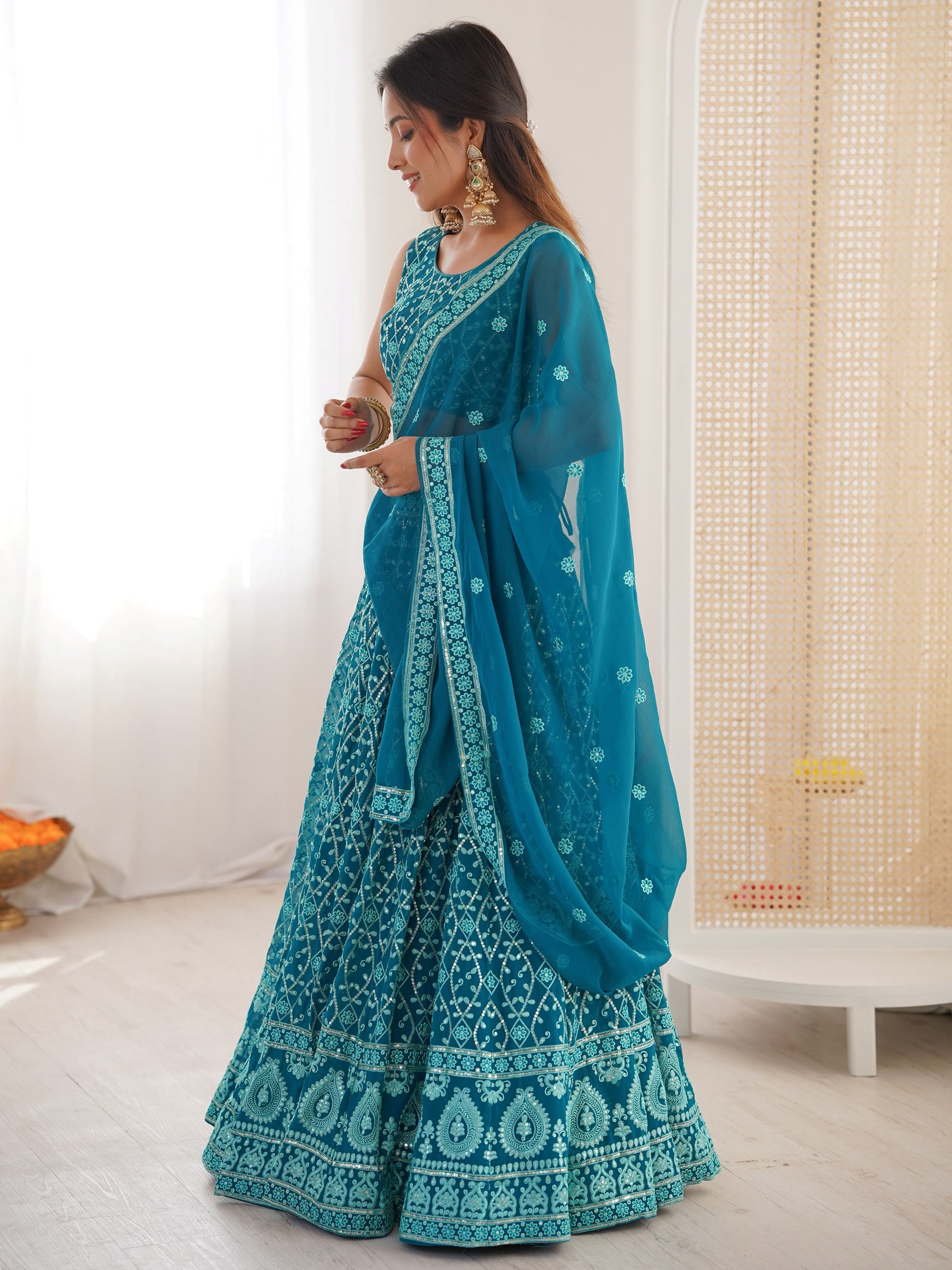 Amazing Sky Blue Sequins Work Georgette Festival Wear Lehenga Choli