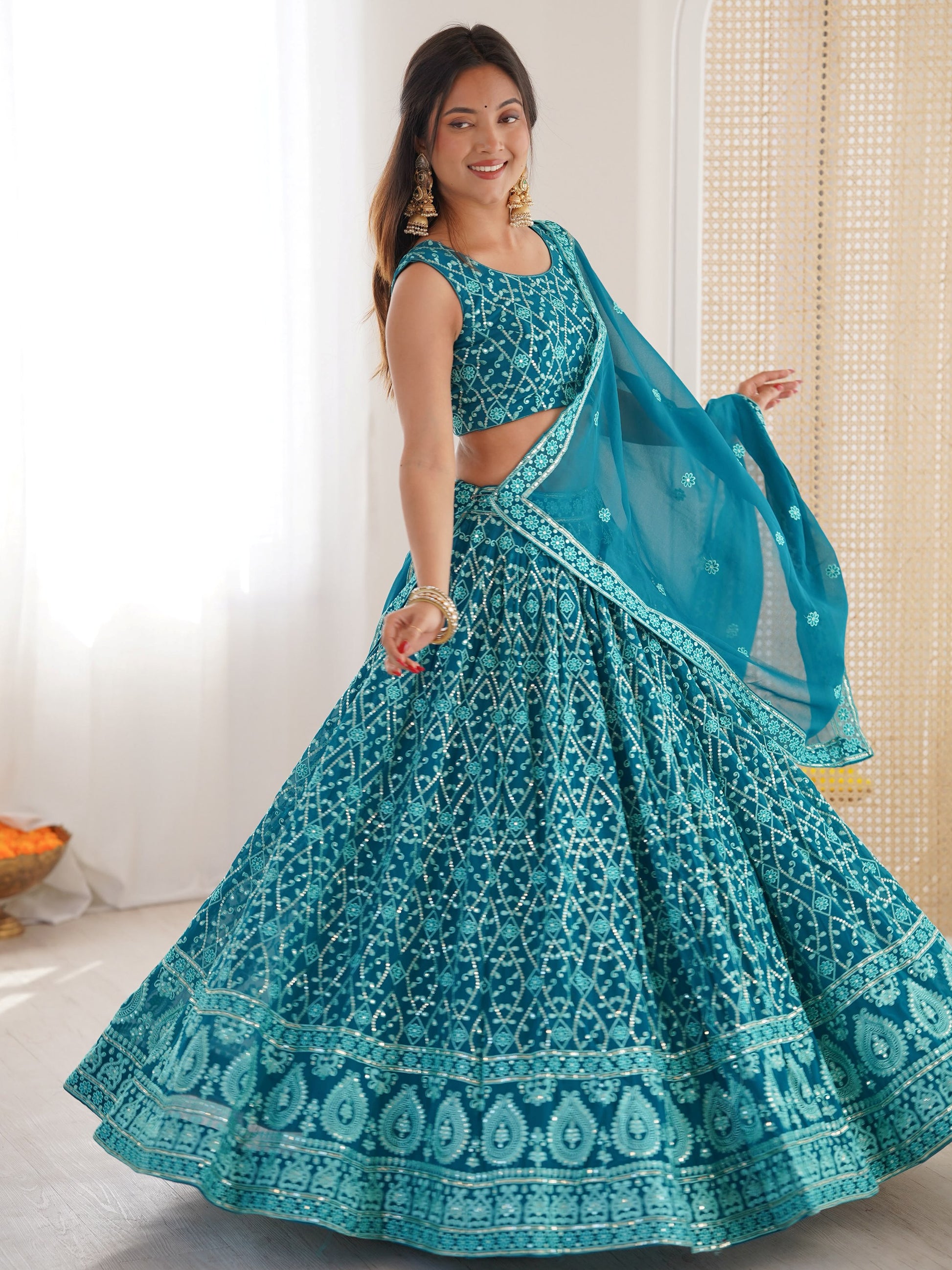 Amazing Sky Blue Sequins Work Georgette Festival Wear Lehenga Choli
