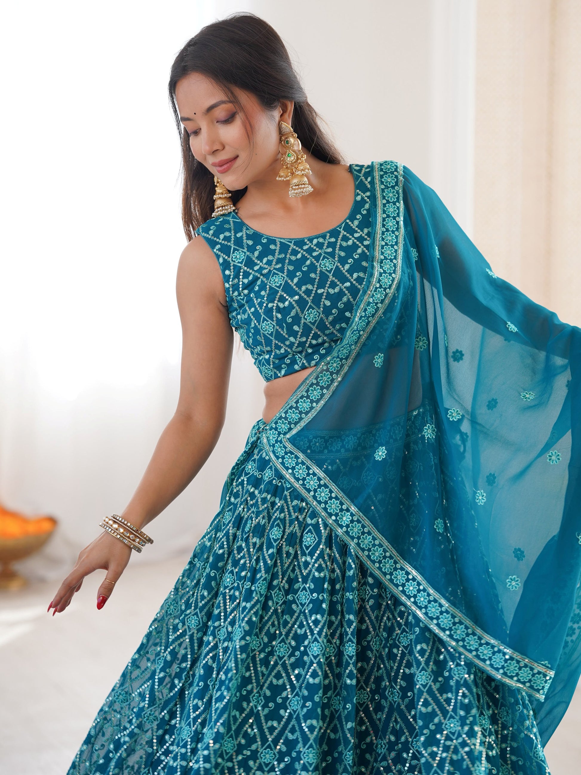 Amazing Sky Blue Sequins Work Georgette Festival Wear Lehenga Choli