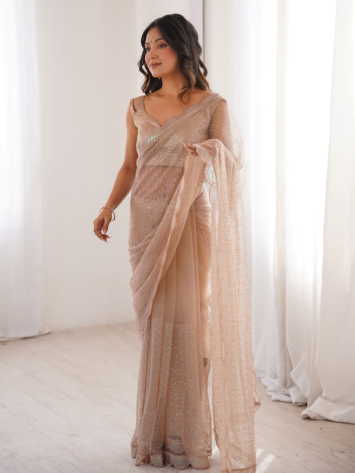 Sophisticated Beige Sequin Work Net Wedding Wear Saree