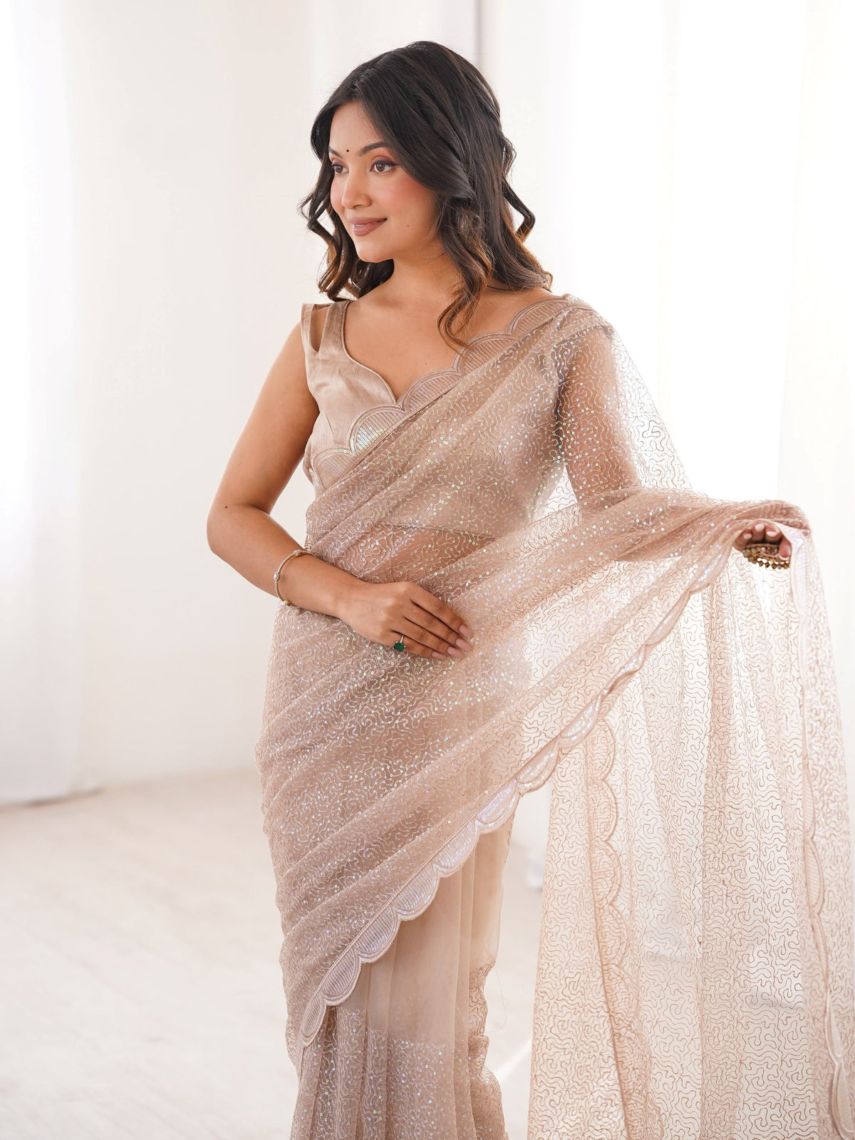 Sophisticated Beige Sequin Work Net Wedding Wear Saree