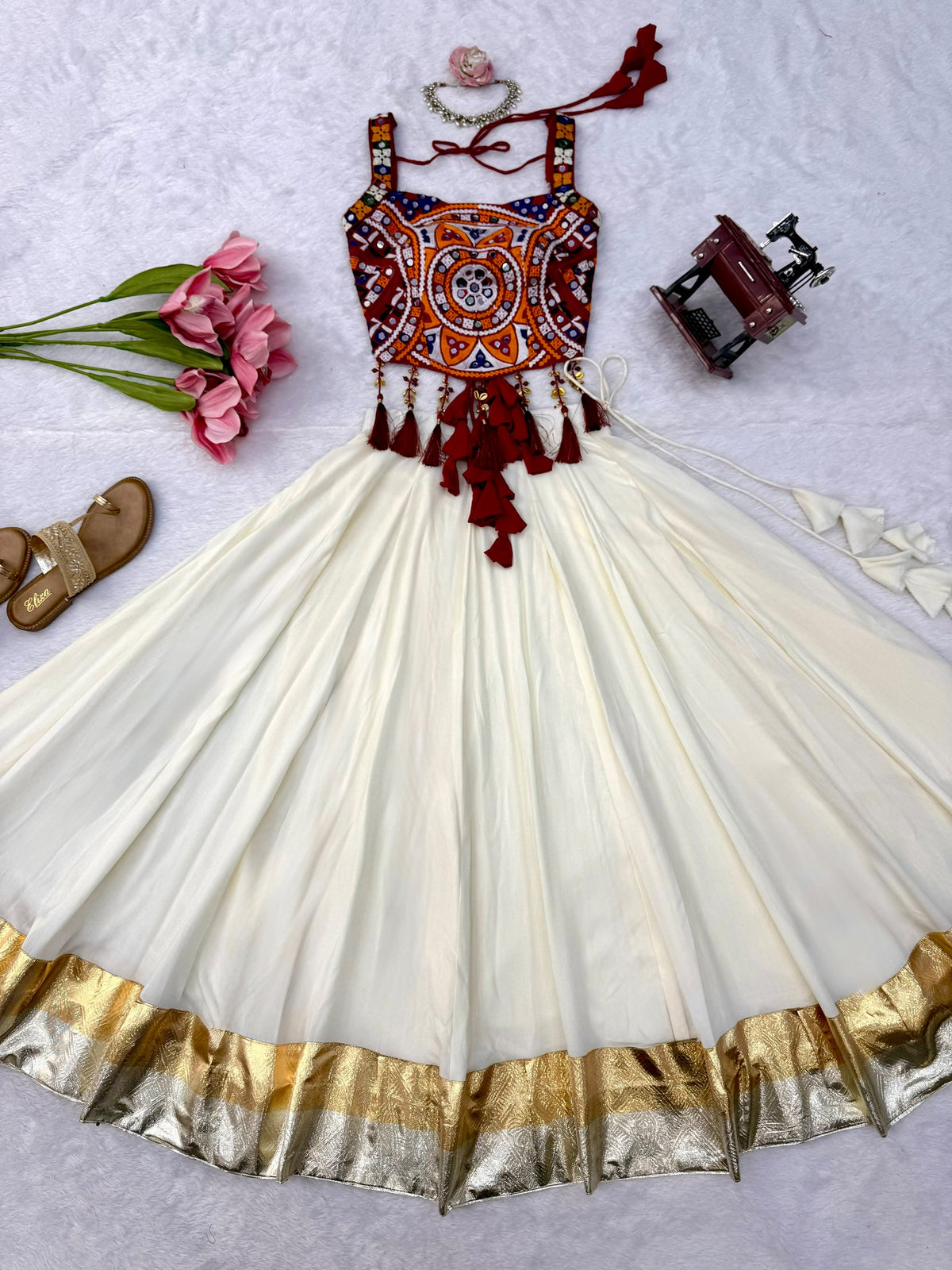 Graceful Cream Mirror Work Rayon Navratri Wear Lehenga Choli