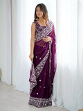 Majestic Wine Thread Embroidered Georgette Wedding Wear Saree