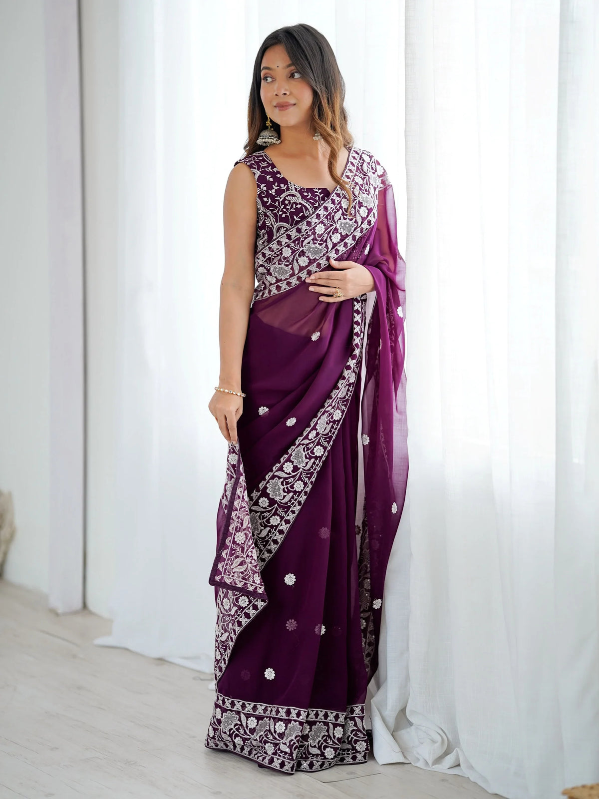Majestic Wine Thread Embroidered Georgette Wedding Wear Saree