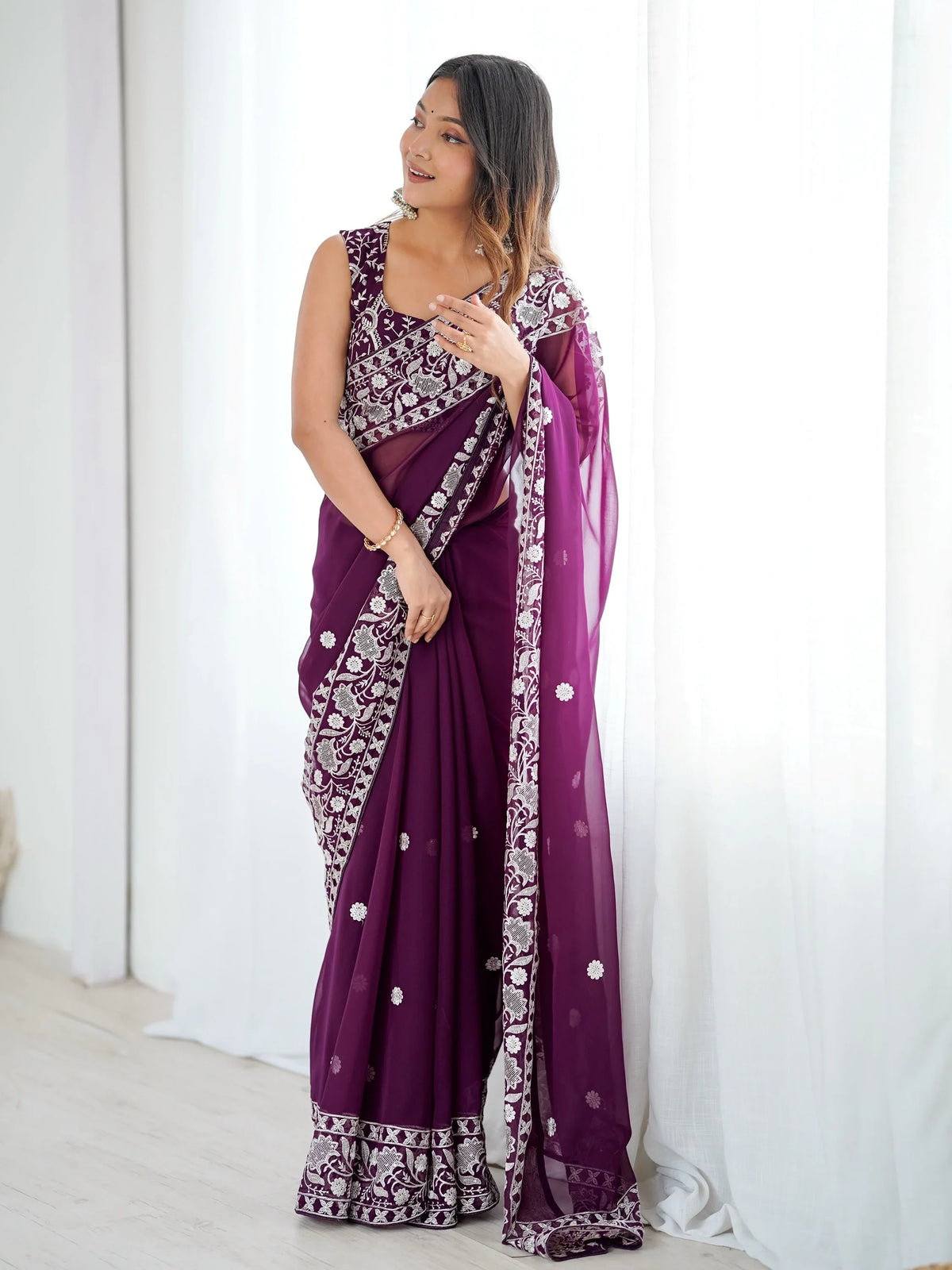 Majestic Wine Thread Embroidered Georgette Wedding Wear Saree