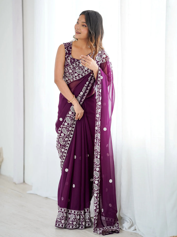 Majestic Wine Thread Embroidered Georgette Wedding Wear Saree