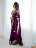 Majestic Wine Thread Embroidered Georgette Wedding Wear Saree