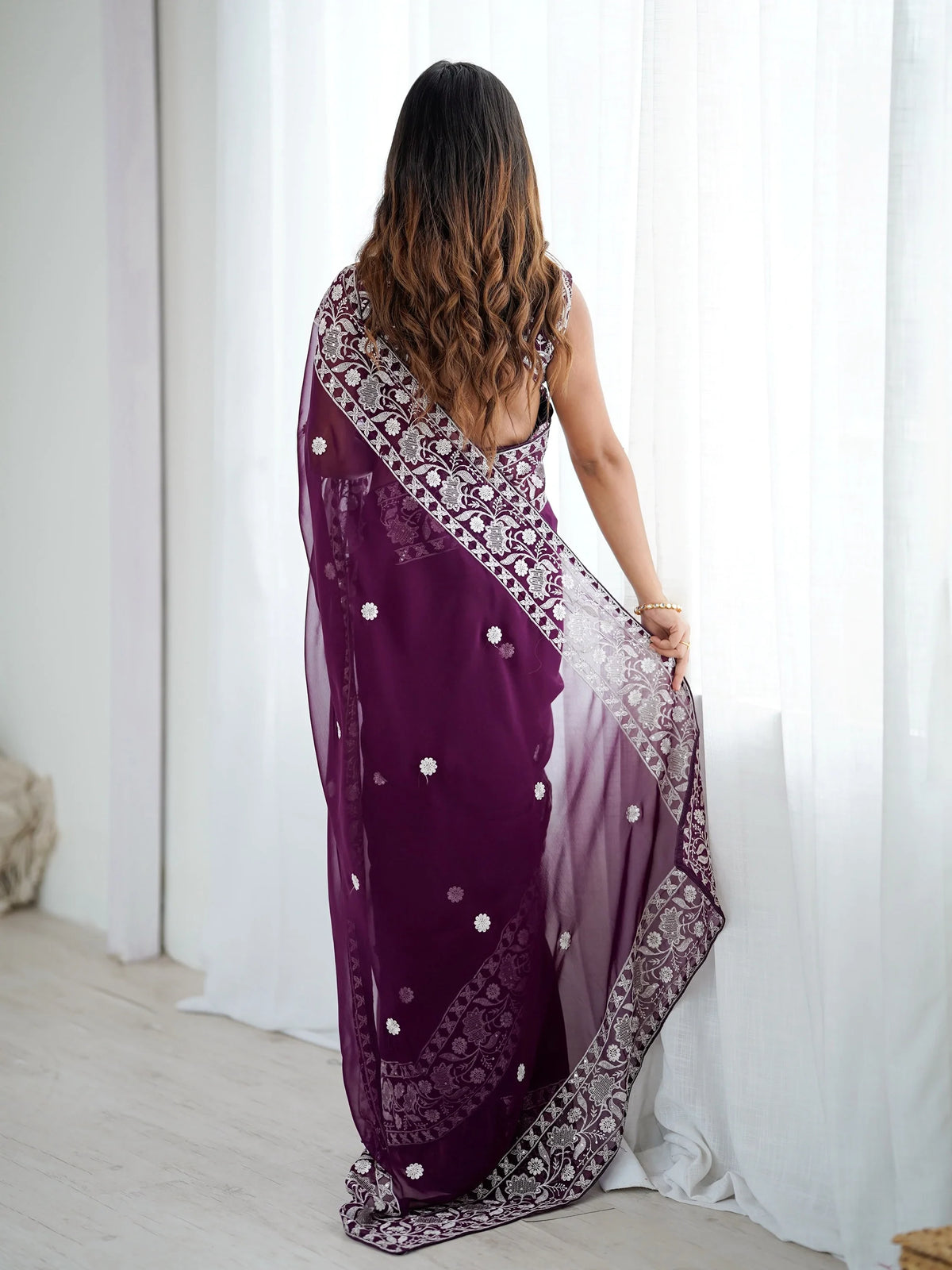Majestic Wine Thread Embroidered Georgette Wedding Wear Saree