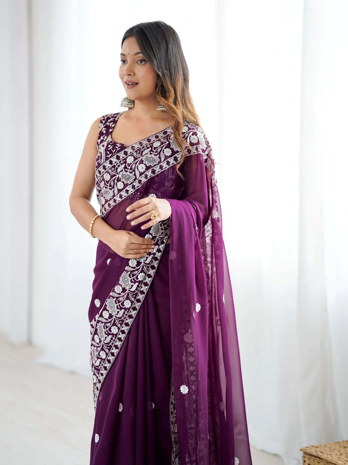 Majestic Wine Thread Embroidered Georgette Wedding Wear Saree