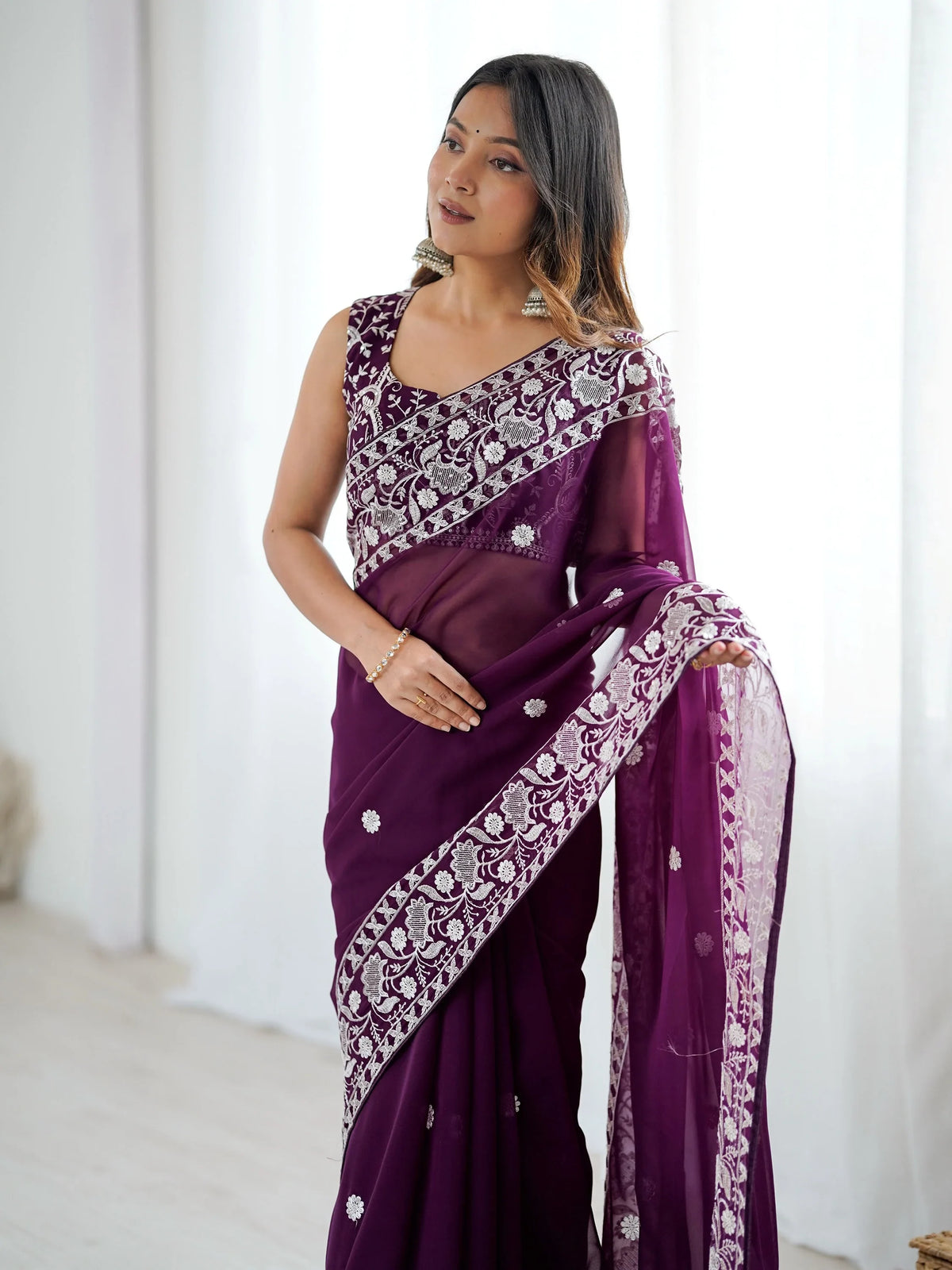 Majestic Wine Thread Embroidered Georgette Wedding Wear Saree