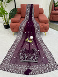 Majestic Wine Thread Embroidered Georgette Wedding Wear Saree