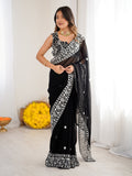 Superb Black Thread Embroidered Georgette Wedding Wear Saree