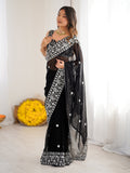Superb Black Thread Embroidered Georgette Wedding Wear Saree