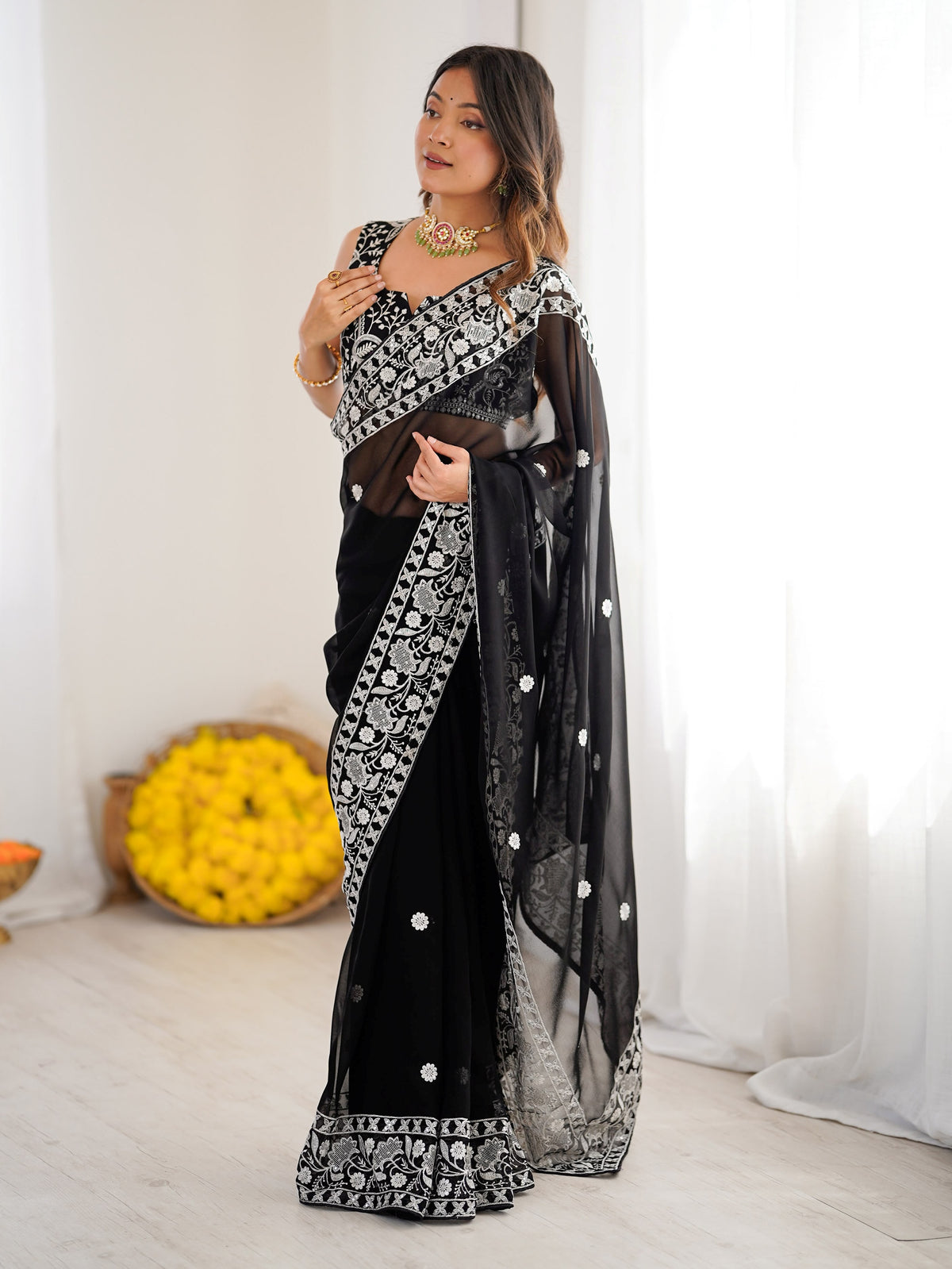 Superb Black Thread Embroidered Georgette Wedding Wear Saree