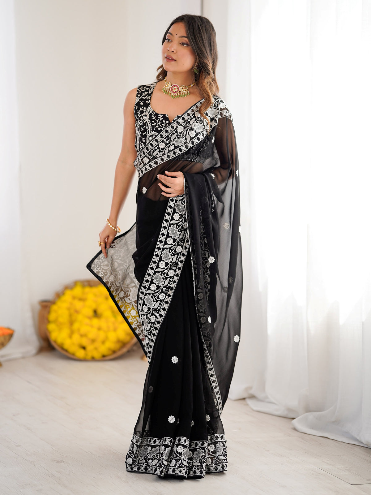 Superb Black Thread Embroidered Georgette Wedding Wear Saree