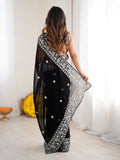 Superb Black Thread Embroidered Georgette Wedding Wear Saree