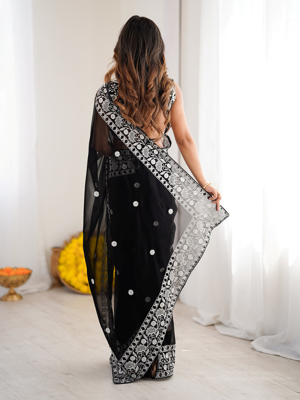 Superb Black Thread Embroidered Georgette Wedding Wear Saree