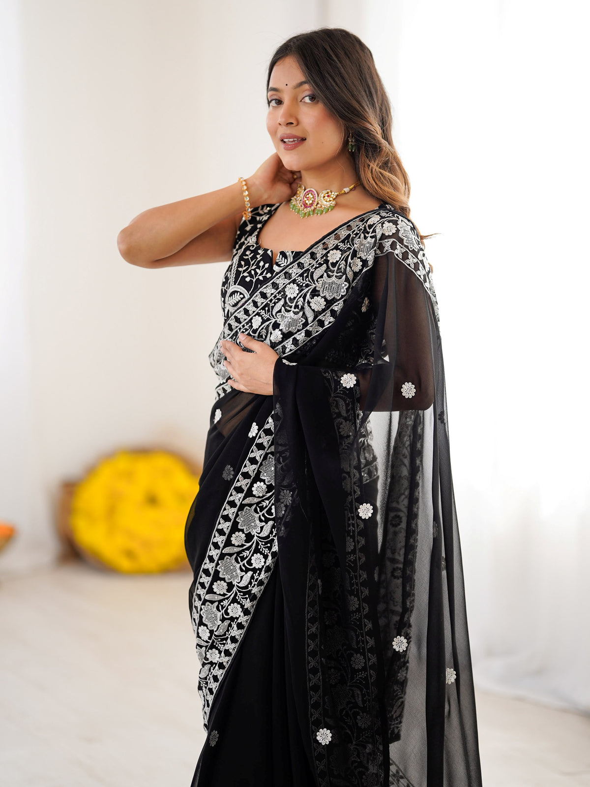 Superb Black Thread Embroidered Georgette Wedding Wear Saree