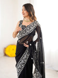 Superb Black Thread Embroidered Georgette Wedding Wear Saree