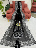 Superb Black Thread Embroidered Georgette Wedding Wear Saree