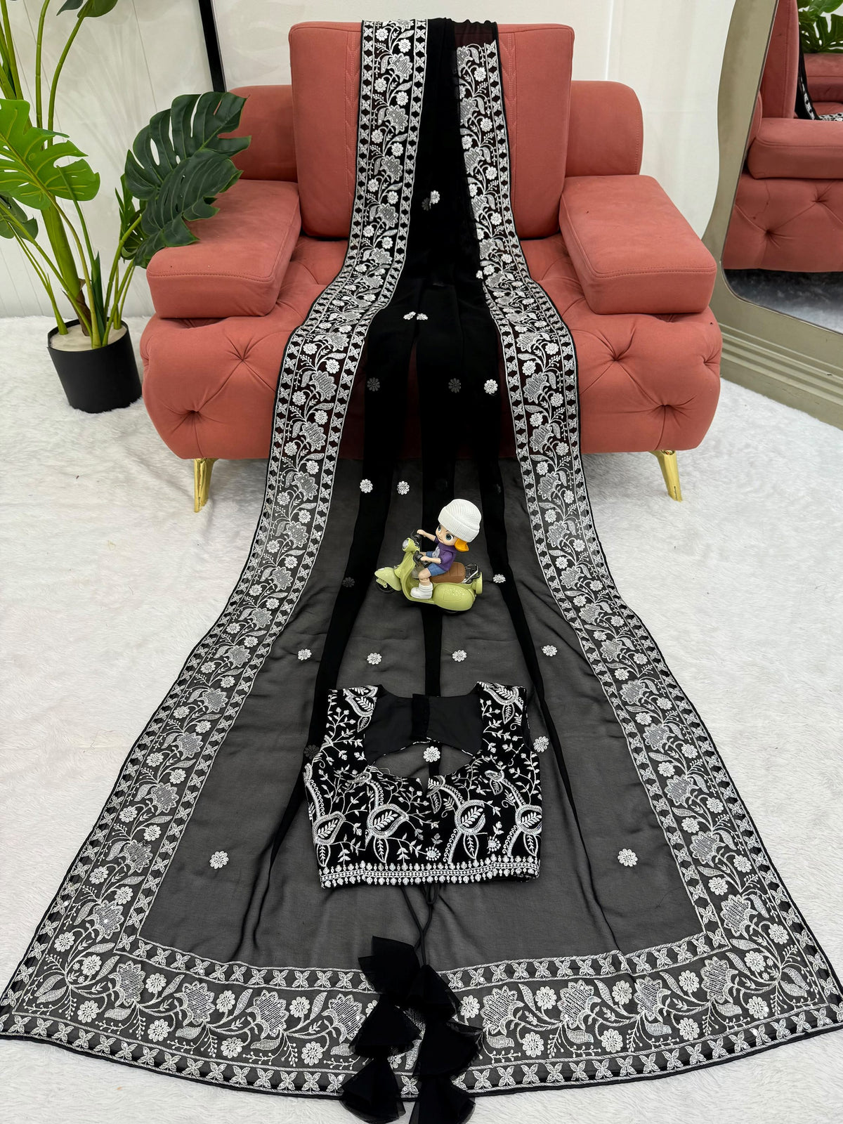 Superb Black Thread Embroidered Georgette Wedding Wear Saree