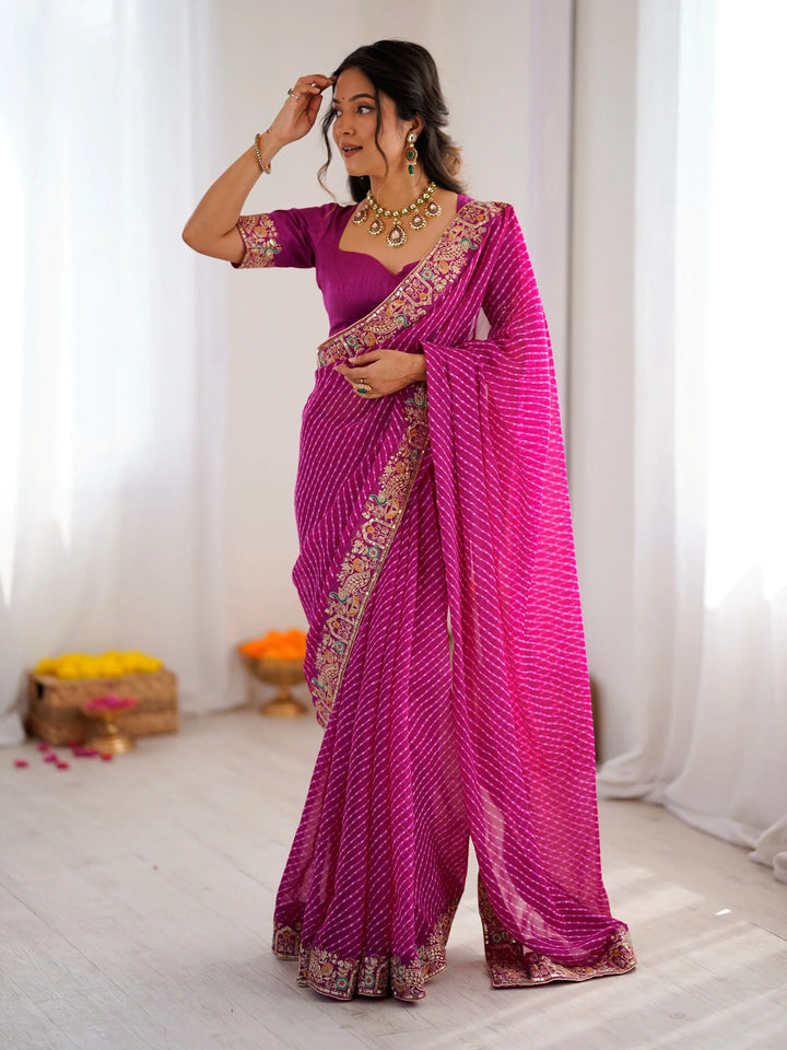 Luxury Pink Bandhani Printed Georgette Wedding Wear Saree