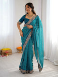 Enchanting Teal Blue Sequins Work Georgette Function Wear Saree