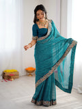 Enchanting Teal Blue Sequins Work Georgette Function Wear Saree
