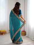 Enchanting Teal Blue Sequins Work Georgette Function Wear Saree