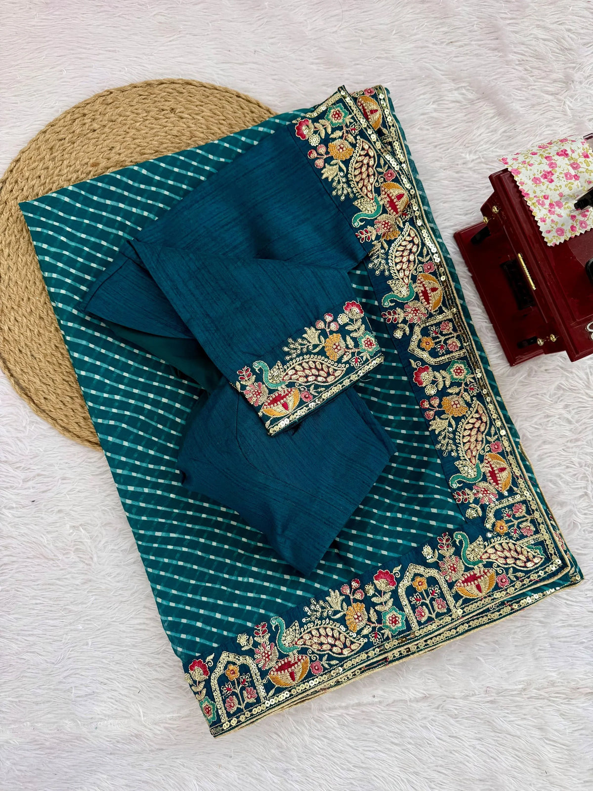 Enchanting Teal Blue Sequins Work Georgette Function Wear Saree