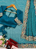 Enchanting Teal Blue Sequins Work Georgette Function Wear Saree