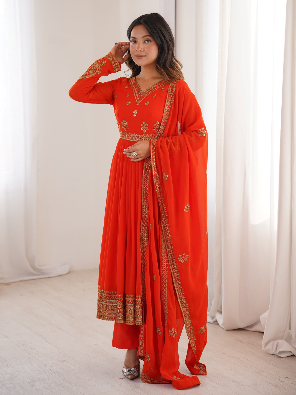 Wonderful Orange Embroidered Georgette Wedding Wear Anarkali Suit