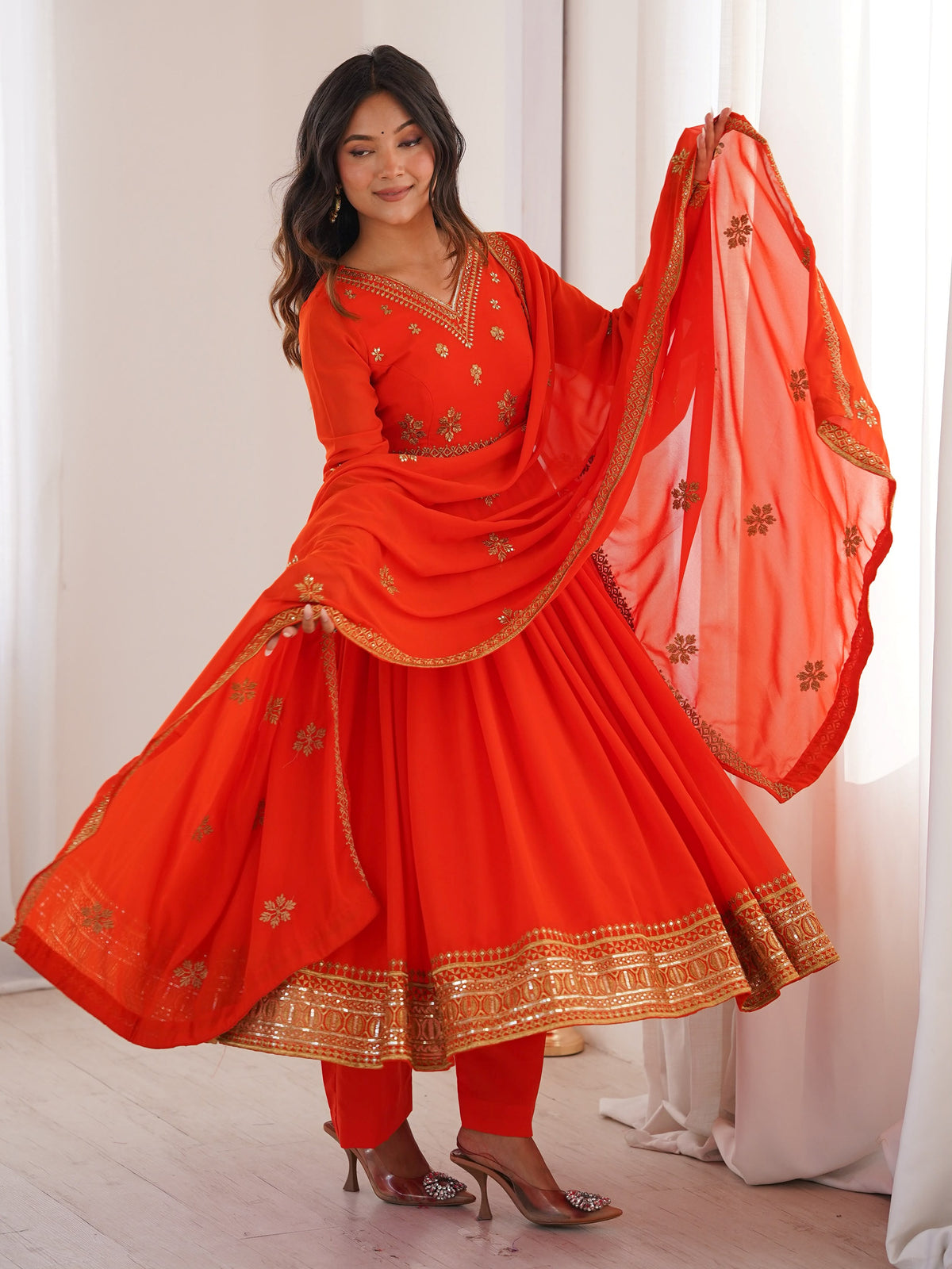 Wonderful Orange Embroidered Georgette Wedding Wear Anarkali Suit