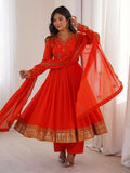 Wonderful Orange Embroidered Georgette Wedding Wear Anarkali Suit