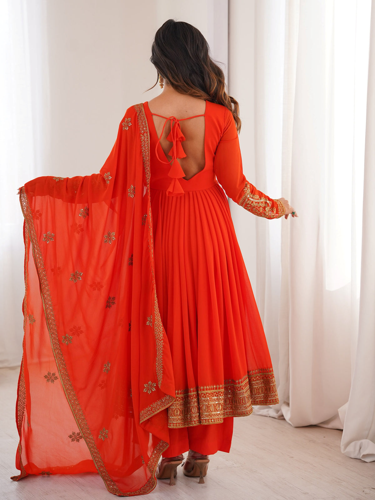 Wonderful Orange Embroidered Georgette Wedding Wear Anarkali Suit