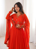 Wonderful Orange Embroidered Georgette Wedding Wear Anarkali Suit
