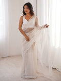 Elegant White Sequins Work Net Wedding Wear Saree