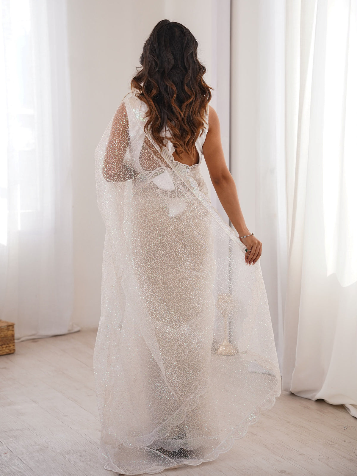 Elegant White Sequins Work Net Wedding Wear Saree
