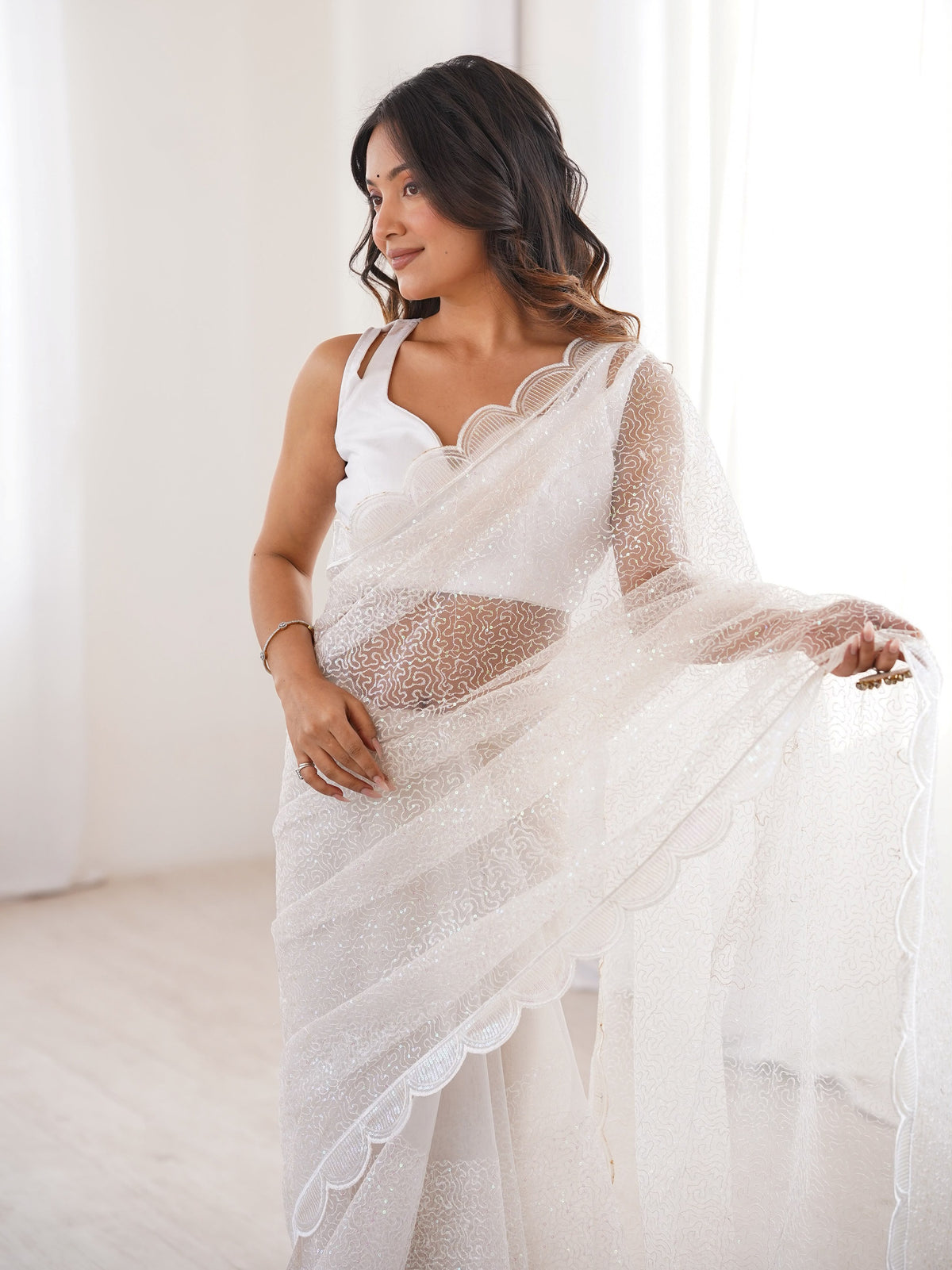 Elegant White Sequins Work Net Wedding Wear Saree