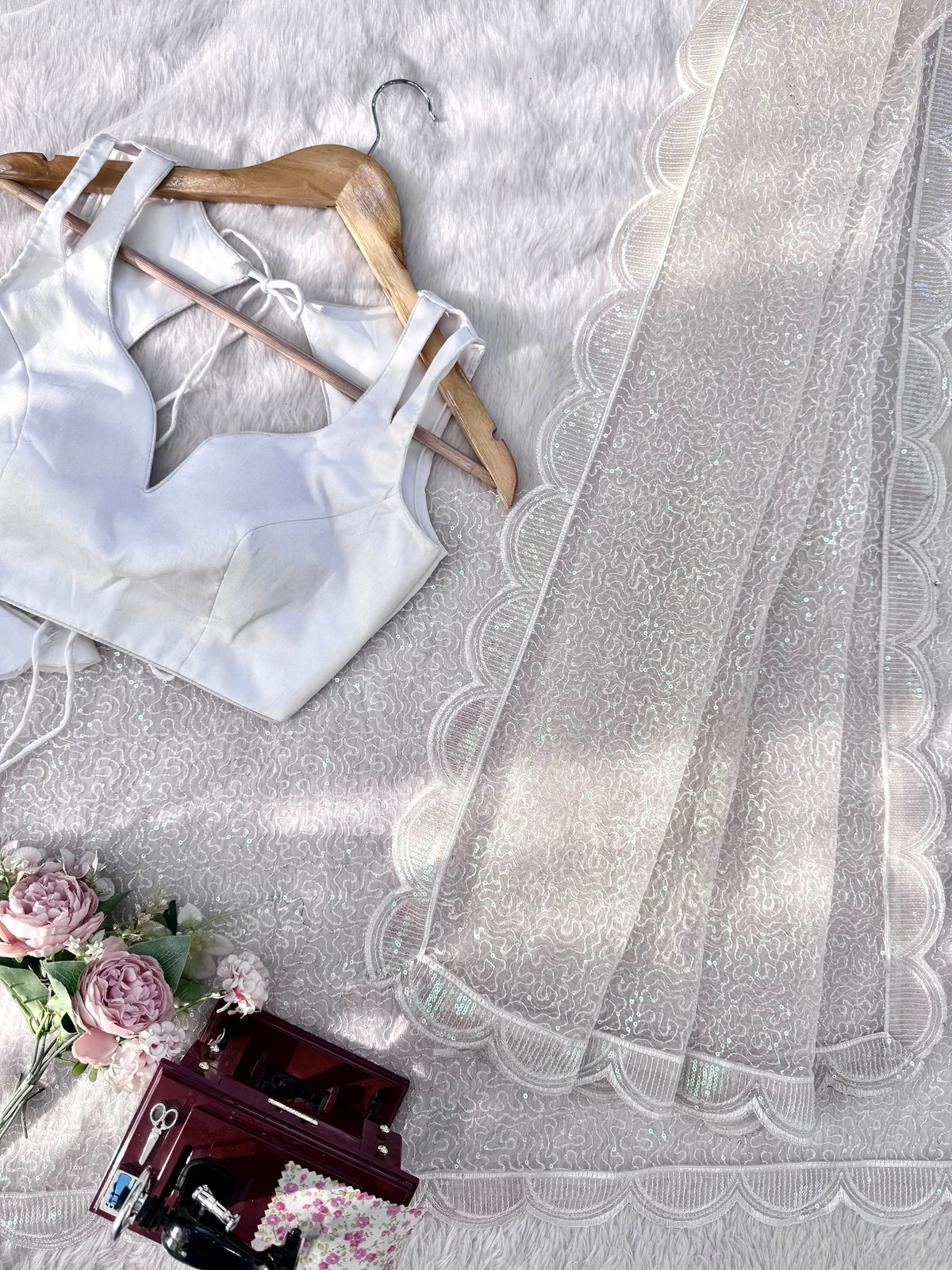 Elegant White Sequins Work Net Wedding Wear Saree