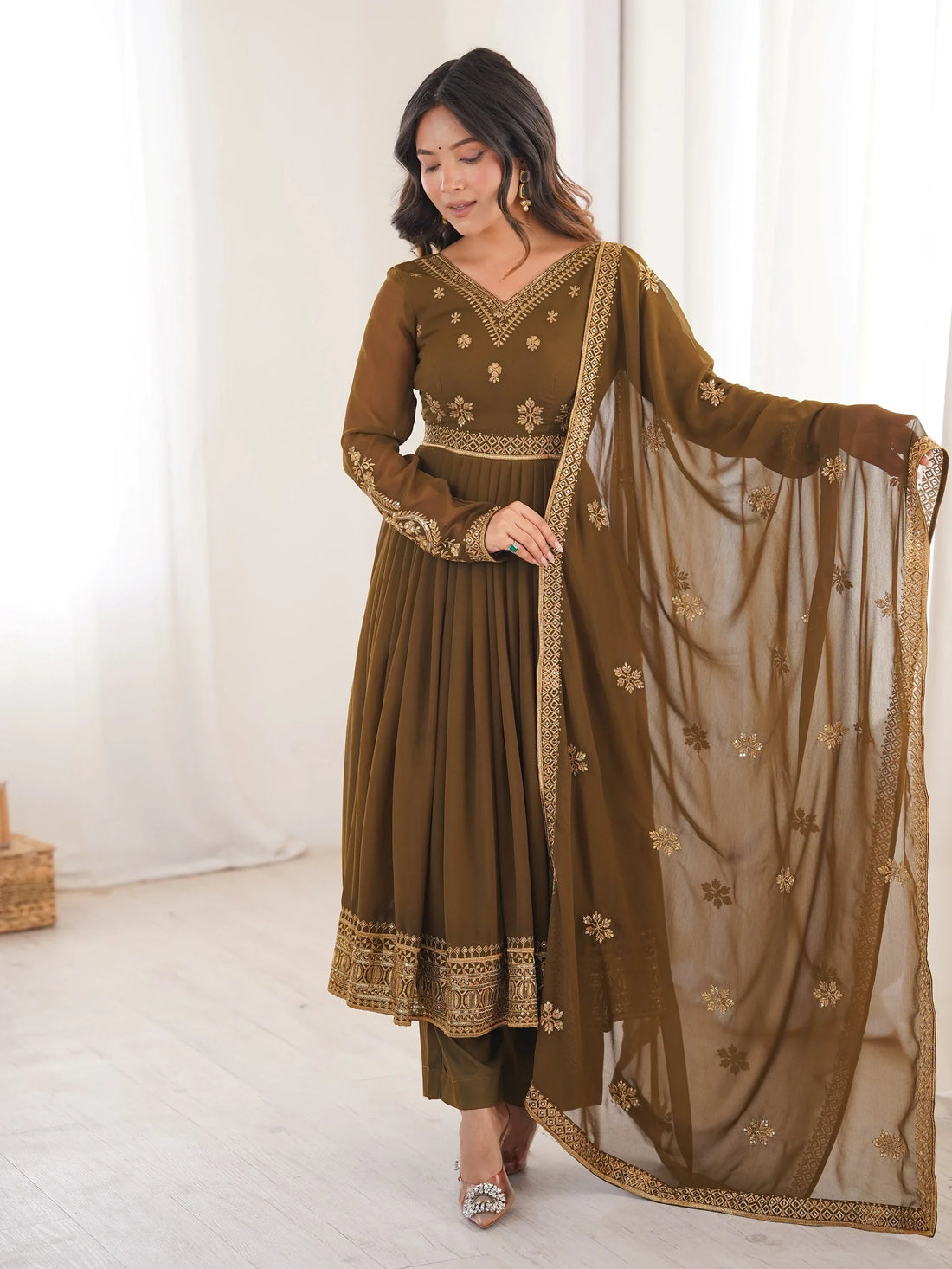 Charming Olive Green Embroidered Georgette Wedding Wear Anarkali Suit