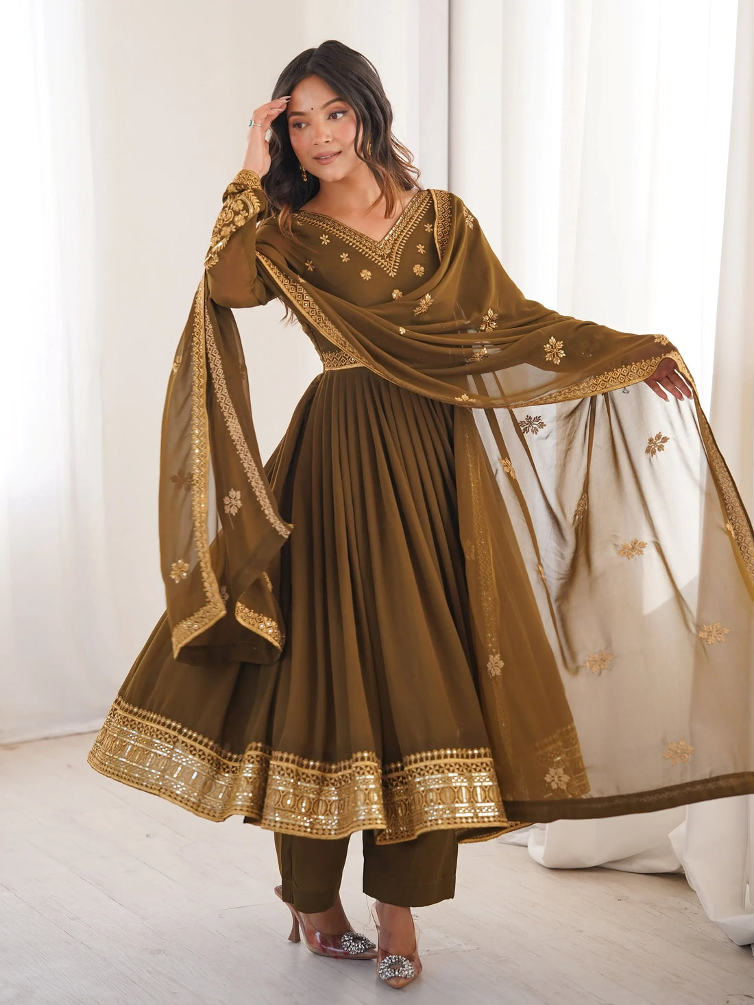 Charming Olive Green Embroidered Georgette Wedding Wear Anarkali Suit