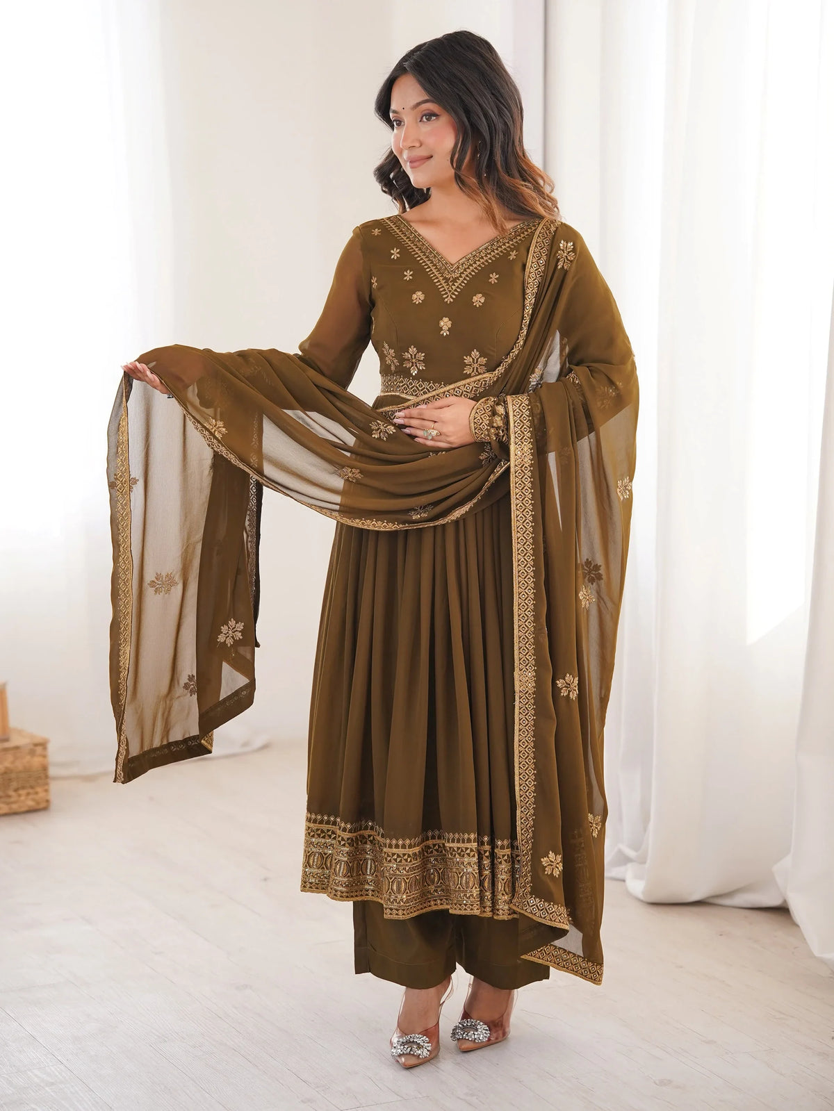 Charming Olive Green Embroidered Georgette Wedding Wear Anarkali Suit