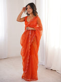 Fabulous Orange Sequins Work Net Party Wear Saree