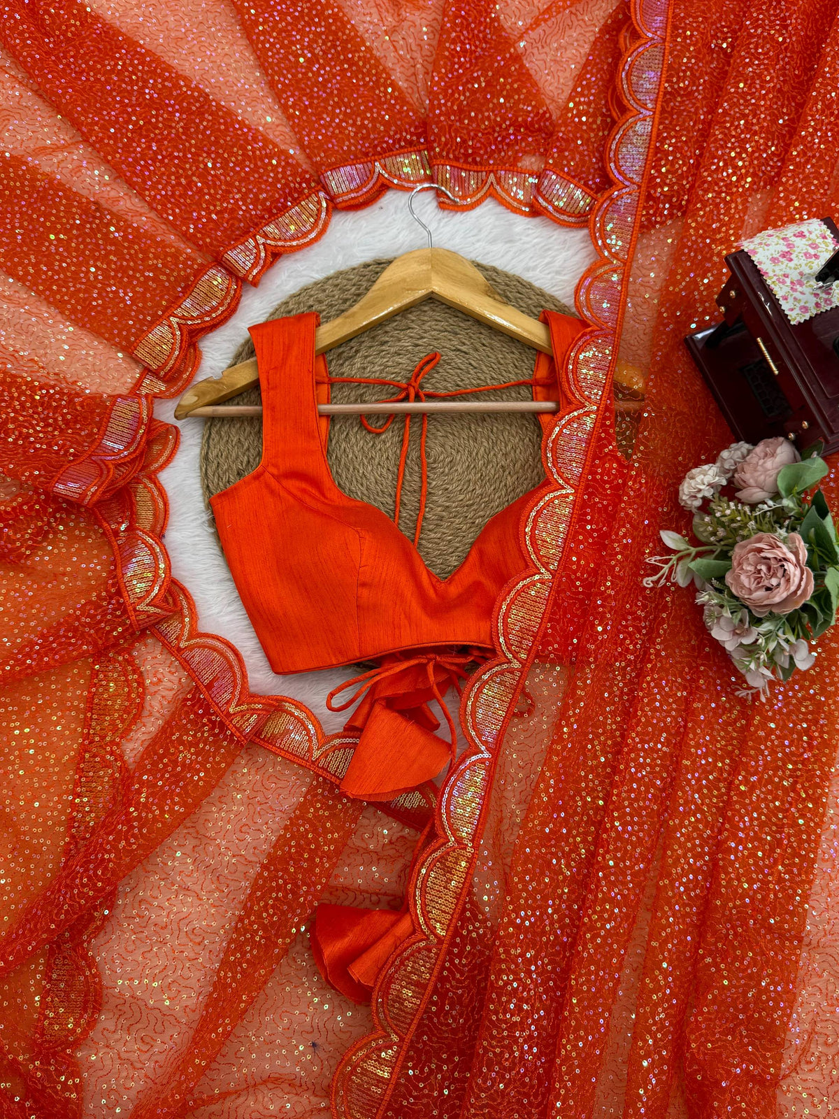Fabulous Orange Sequins Work Net Party Wear Saree